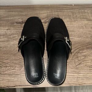 Time and Tru Black Slip-On Mules with Silver Buckle